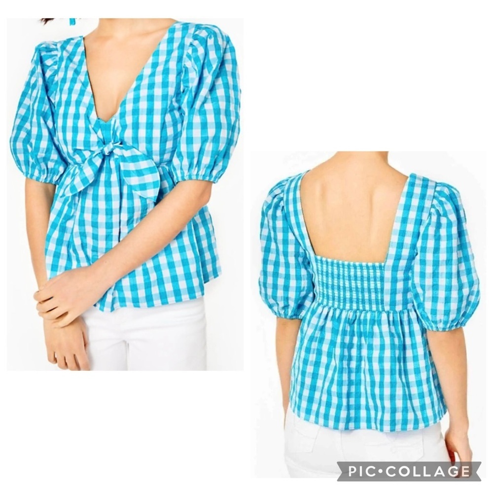 LILLY PULITZER Women’s Turquoise Oasis Crinkle Gingham SARAFINA Blouse Size 2